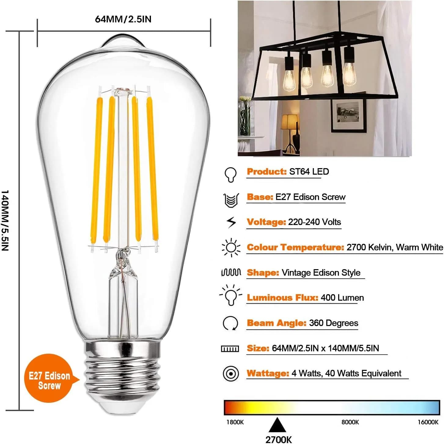 Vintage Edison Light Bulb LED, E27 Edison Screw ST64 Filament Bulb 4W (40W Equivalent) 400LM 2700K Warm White, Retro Old Fashioned Style Antique Lamp [Energy Class A++] 3