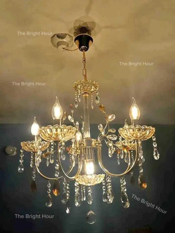 Luxury Crystal & Glass Chandelier -6 Point Bulb Inchuding ( Warm Color Tone)