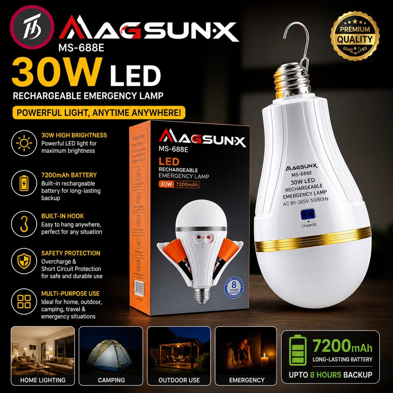Official 1 Years Warranty Multi-Function Powerfull LED Rechargeable Emergency Bulb is a Portable Lighting