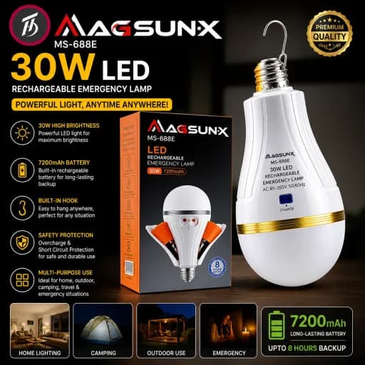 Official 1 Years Warranty Multi-Function Powerfull LED Rechargeable Emergency Bulb is a Portable Lighting